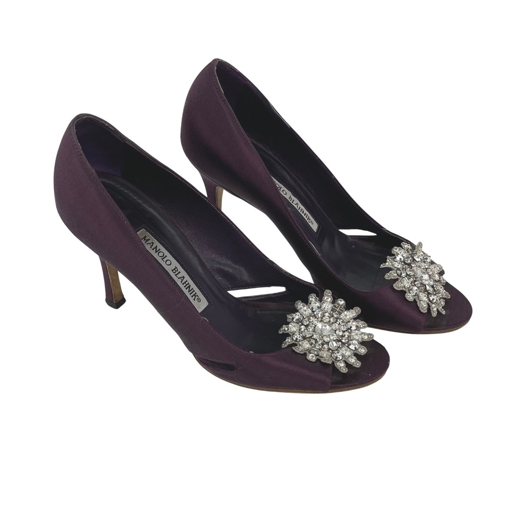 Manolo Blahnik Purple Satin Embellished‎ Heels Pumps Shoes Size READ Size 36